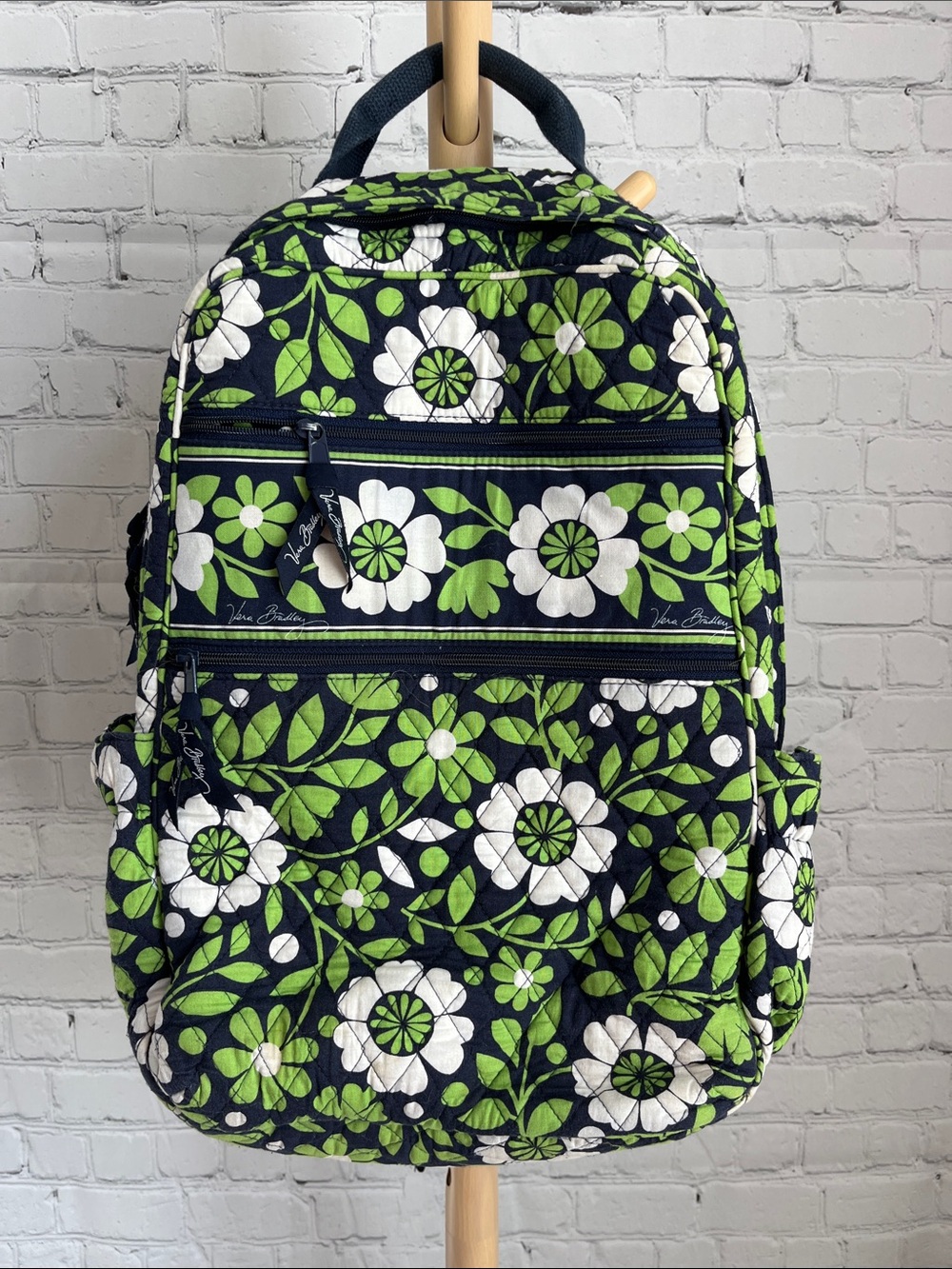 Vera Bradley Navy, White & Lime Green Floral Quilted Backpack
